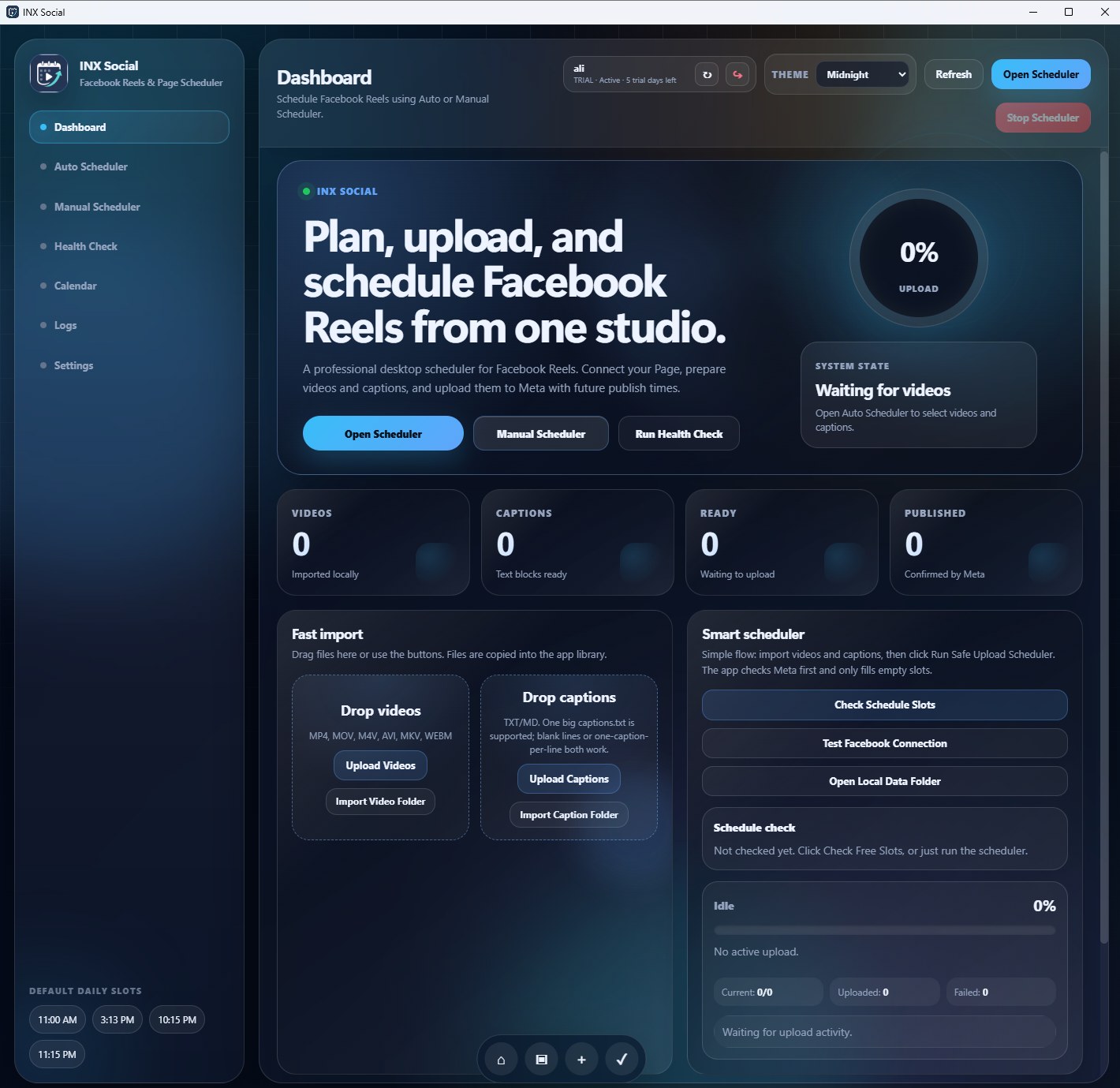 INX Social Content Studio showing Facebook Reels scheduling controls